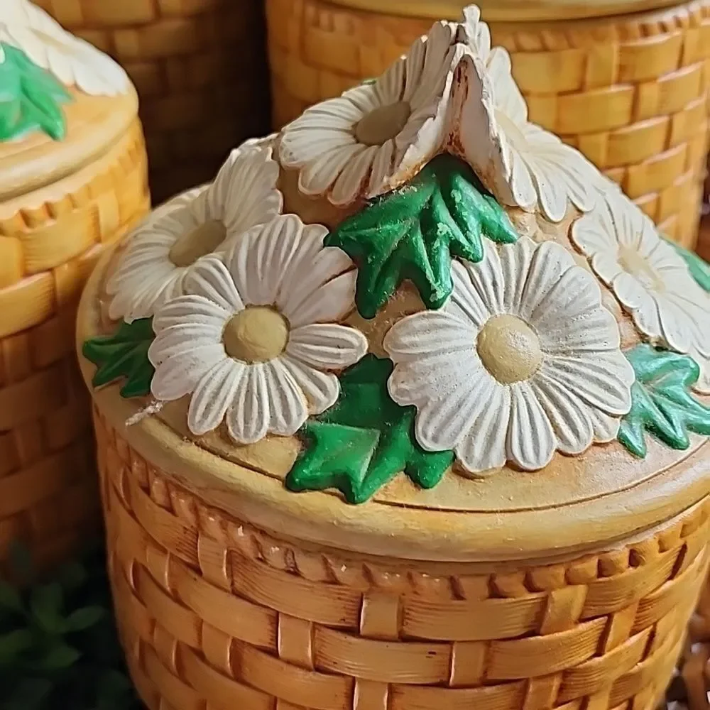 Vintage 70's Set Of 4 Daisy & Basket Weave Ceramic Canisters